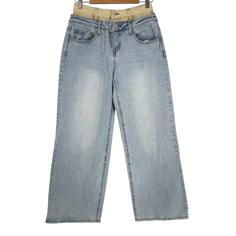Womens Double Waistband Wide‎ Leg Jeans Size 9 Light Wash Baggy Y2K Streetwear